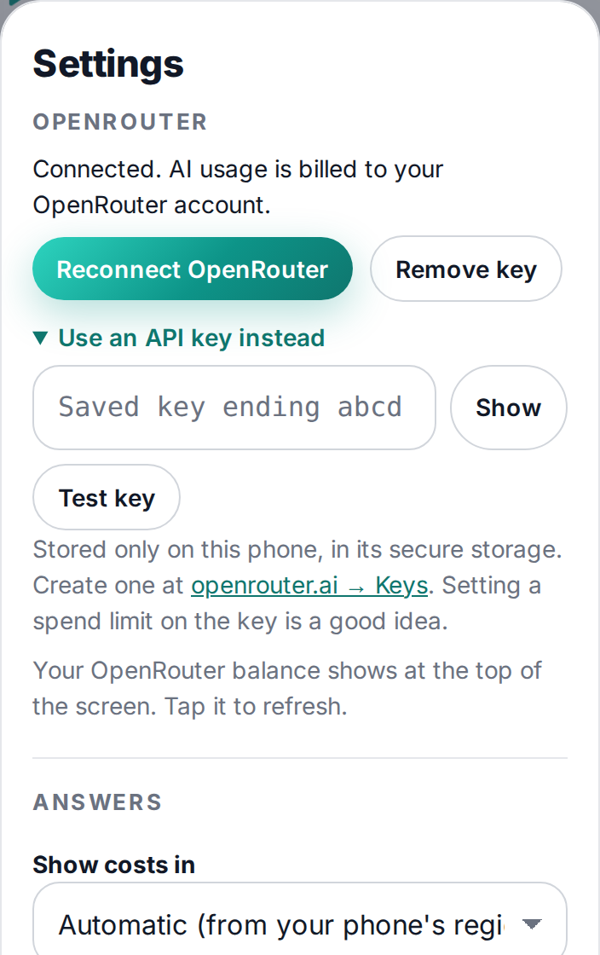 The OpenRouter section of Settings in The Board
